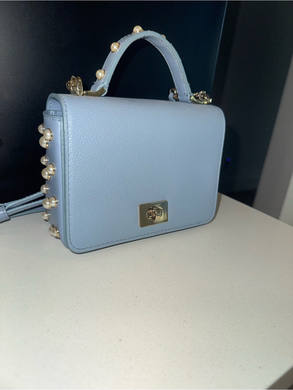 Elegant Light Blue Top-Handle Crossbody Bag with Gold Accents